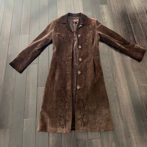 Brown Suede Long Coat with Embroidered Detail